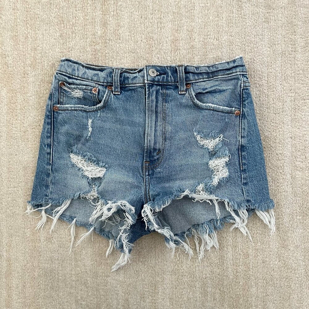 Abercrombie & Fitch High Rise Mom Jeans Distressed Denim Shorts 27/4 Blue